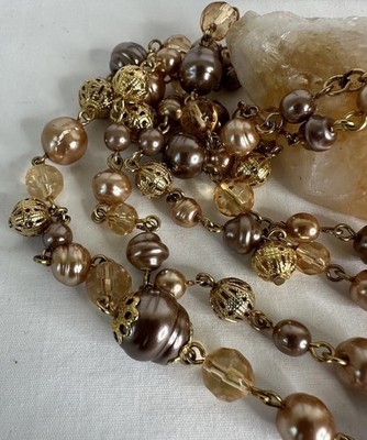 Gold Tone Two Layer Faux Potato Pearl Taupe Champagne Beaded Necklace, 30 