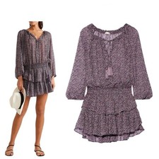 LoveShackFancy Dress Popover Georgette Mini Silk Ruffle Tiered in Purple Floral