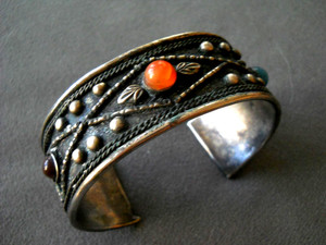 UNIQUE Southwestern Carnelian Amber & Dumortierite Sterling Silver Cuff Bracelet