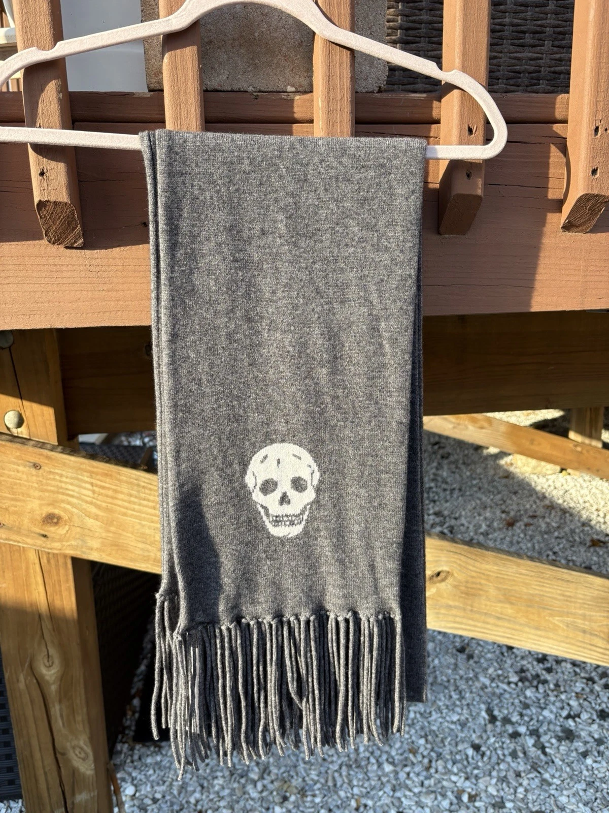 360 Cashmere Wool Scarf Mens Skull Print Gray Fringe Luxury Designer Gorpcore