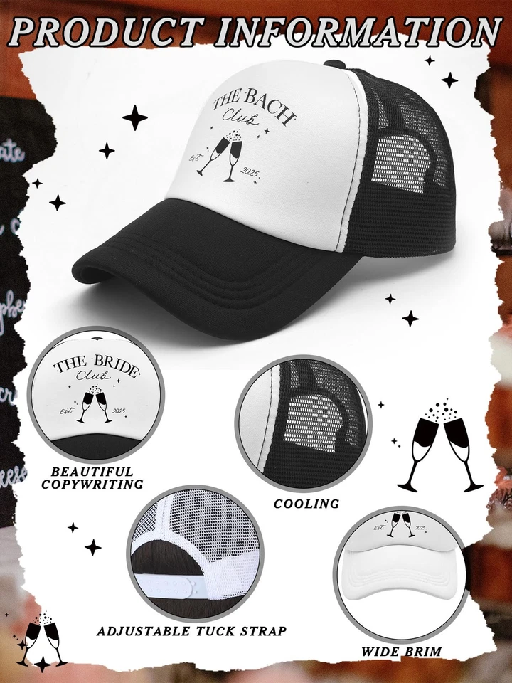 Paquete de 8 sombreros de despedida de soltera de club social incluye 1 paquete de gorra de novia y 7... Foto 2 de 4