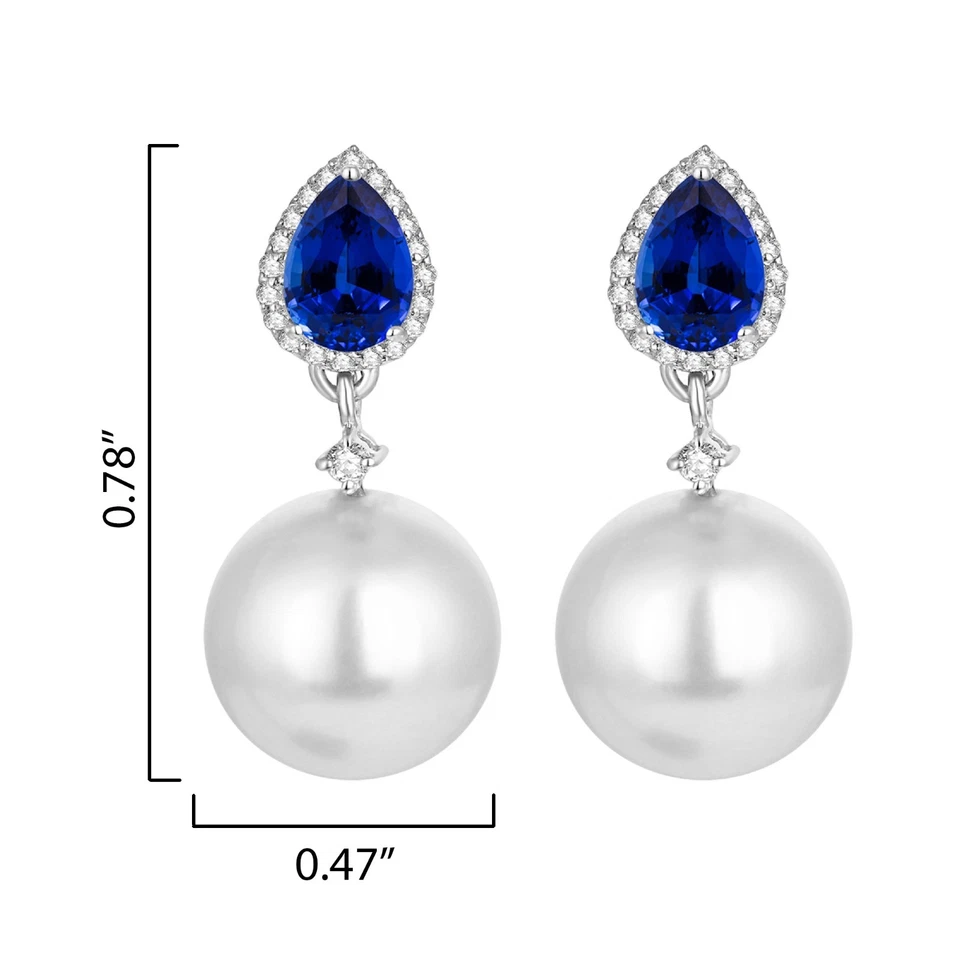 14k White Gold Plated 41 Ct Created Sapphire, Real Topaz & Pearl Dangle Earrings - Image 2 of 4
