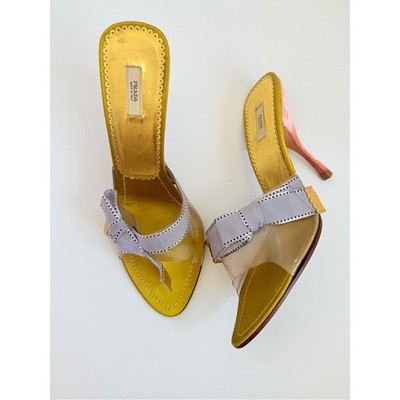Prada Archive PVC Ribbon Bow Mule Heels 39.5 Pink Velvet Gold Satin Rare Y2K