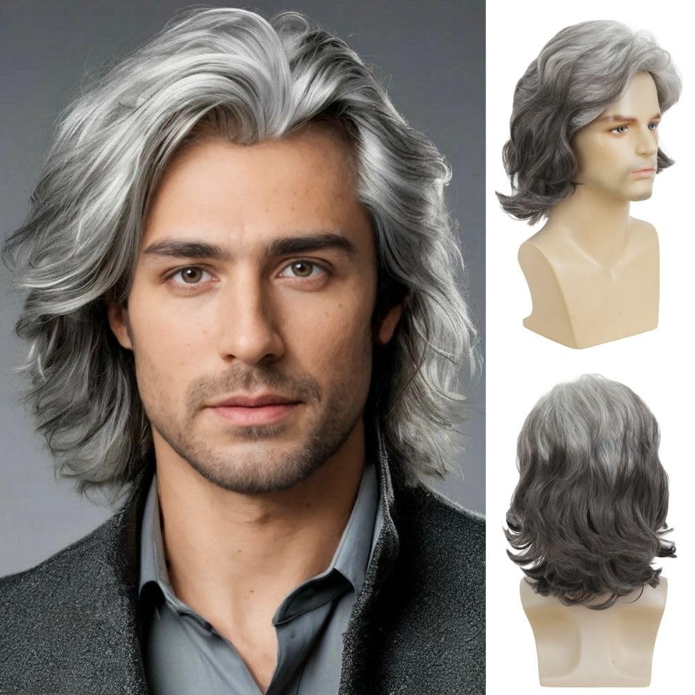 Mens Grey Short Wig Layered Middle Part Hair Wigs Heat Resistant Fibre Daily ...