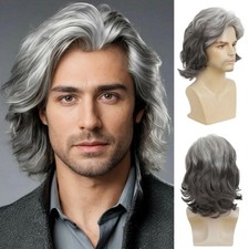 Mens Grey Short Wig Layered Middle Part Hair Wigs Heat Resistant Fibre Daily ...