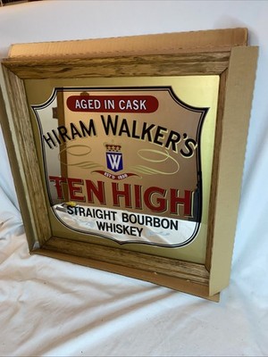Vintage Bar Mirror Framed Sign 16''x16'' Hiram Walker's Ten High Whiskey Unused