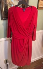 Ladies Red Chaps Designer -dress Polyester size  Xl ) V Neck 3/4 Sleeves