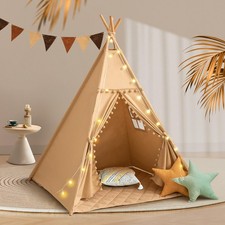 WIRHAO Teepee Tent for Kids with Mat, Cotton Canvas Kids Teepee with Pompom f...
