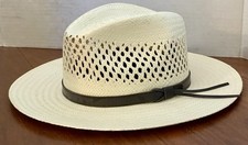 STETSON Vented Straw Hat Cream Black Leather Band Western Fedora Classic LARGE