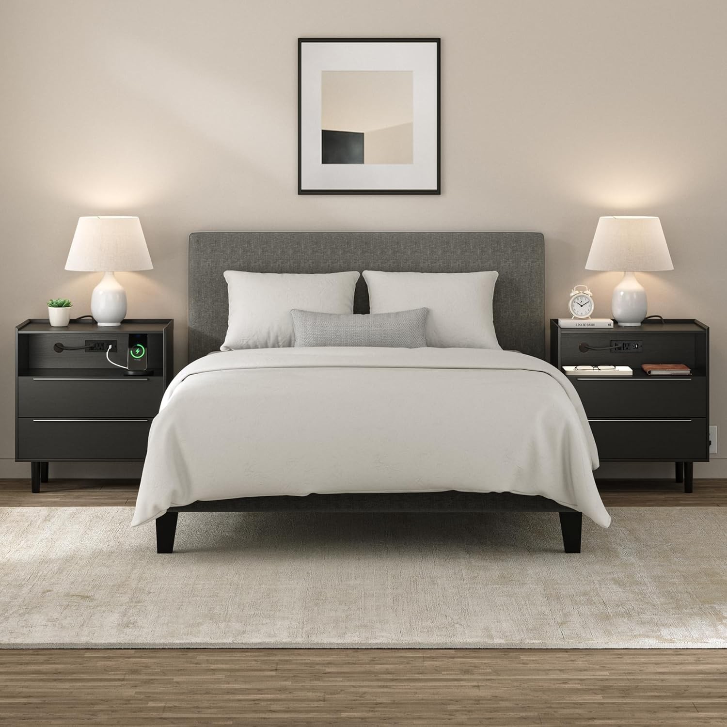 26" Nightstand with Charging Station, 2 Drawer Contemporary Modern Bedside Table