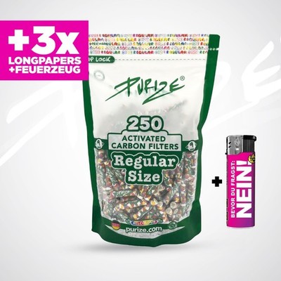PURIZE Regular Size ALL COLOR Aktivkohlefilter Ø 9mm 250 Stk. + 3x Papers +Feuer