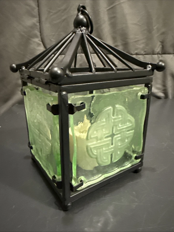 Linterna colgante china asiática Partylite metal negro vidrio verde 8" Foto 4 de 4