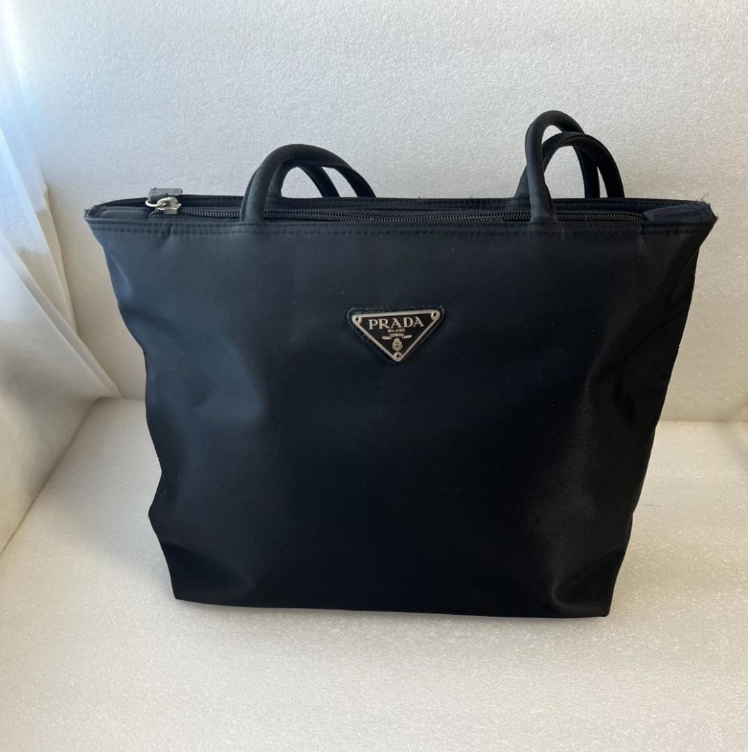PRADA Black Leather Tote Bag with Gold Logo