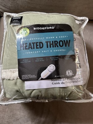 NEW Biddeford Heated Comfort Knit & Sherpa Throw 10 Heat Settings Sage Green