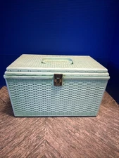 Vintage Minty Green Wicker Style Trim And Handle Sewing Basket Box