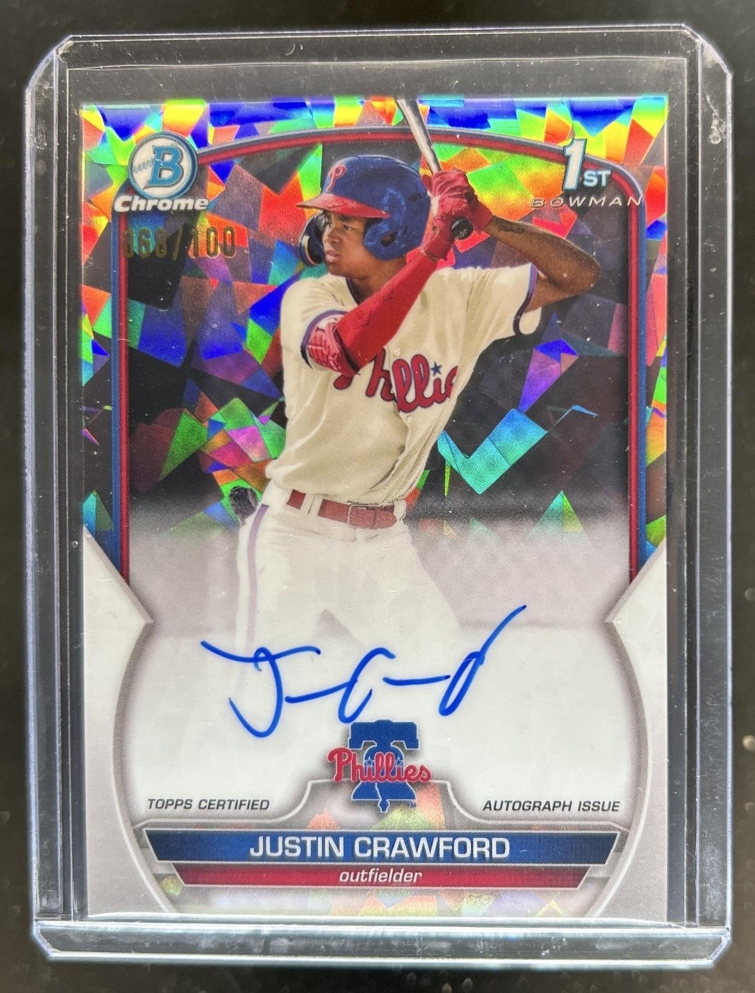 2023 Bowman Justin Crawford Chrome Auto Atomic Refractor 1st #/100 Phillies