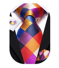 Hi-Tie Mens Plaid Ties Classic Paisley Necktie with Handkerchief Cufflinks Set B