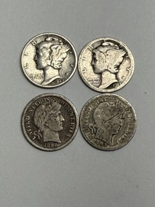 4 SILVER DIMES, Barber & Mercury, 90% SILVER 