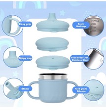 Blue Silicone  Stainless Steel Baby Sippy Cup w/ Handles, Straw  Spout Lid