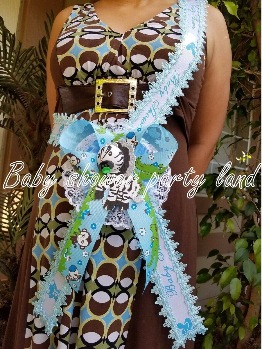 Baby Shower for Boy, Mom To Be Sash Zebra Safari Blue Ribbon