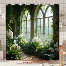 Corridor Window Flower Shower Curtain Fabric Bathroom Bathtub Curtain with Hooks