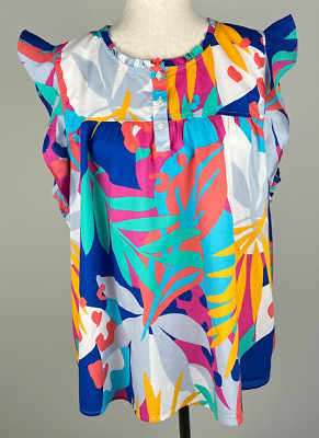 J.CREW S'less Colorful Lightweight Cotton Floral Blouse - 3X, Pink Turq Blue
