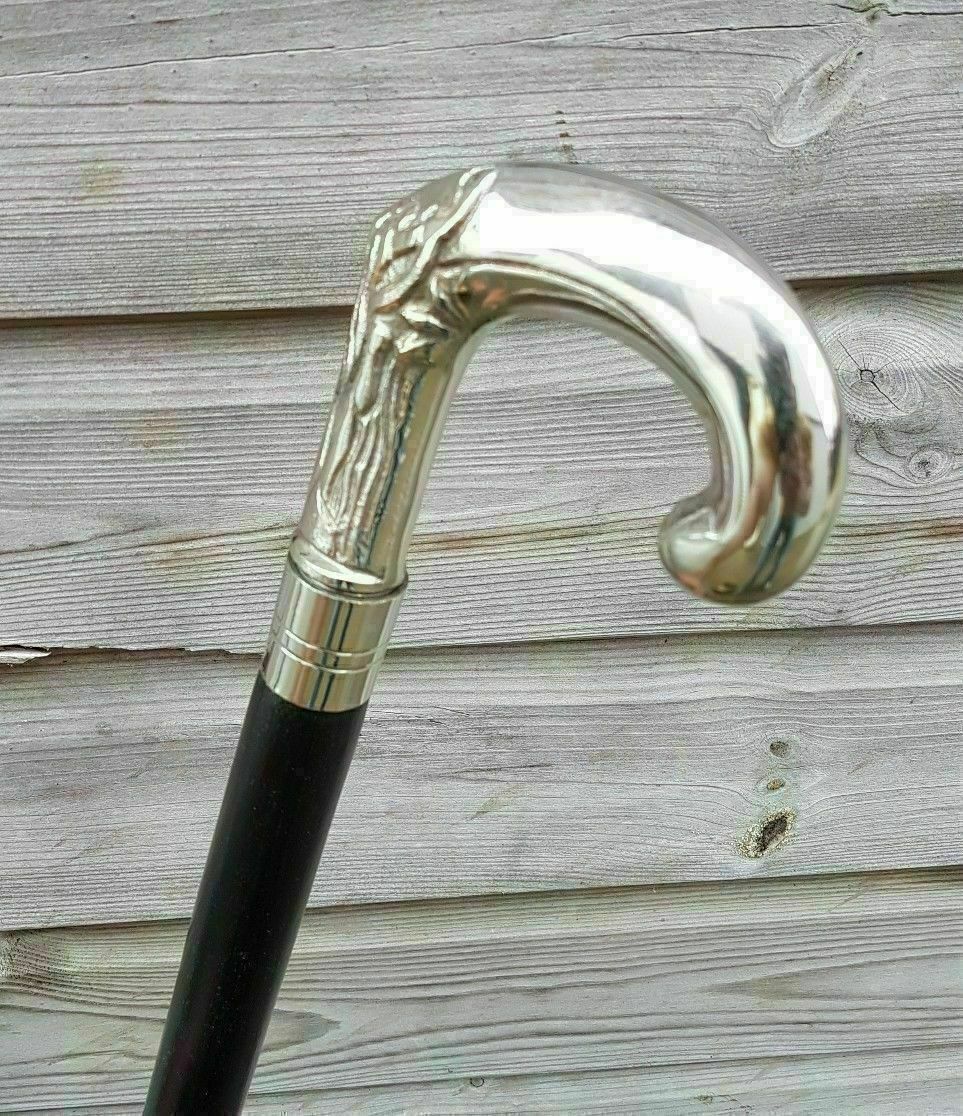 SIlver Brass Eva & Adam Handle Wooden Walking Stick Cane Vintage Style Nautical