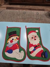A Pair Of  Santa And Snowman Christmas Stockings Quilted Vintage Red Green 18”