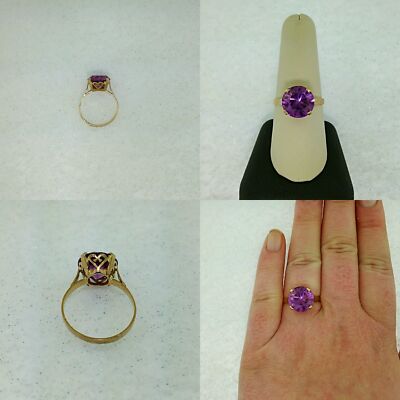 E196 Estate 18K YG Solitaire Purple Sapphire Cocktail Ring, Size 9.25