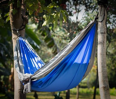 X-Cheng Camping Hammock Blue/Gray Parachute Material Nylon rope Steel Hooks  New