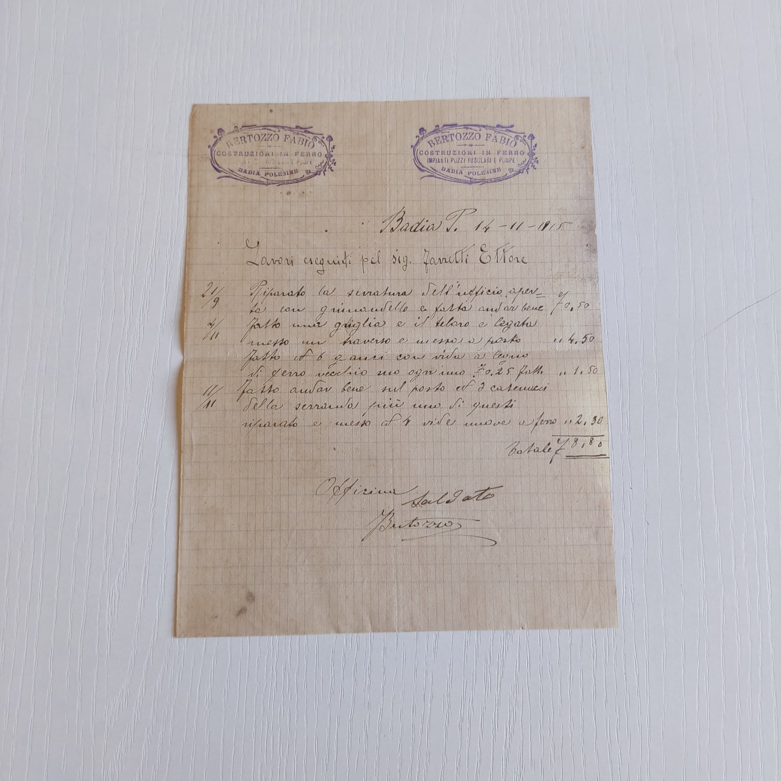1915 Bertozzo Fabio Costruzioni In Ferro Badia Polesine Fattura C03708