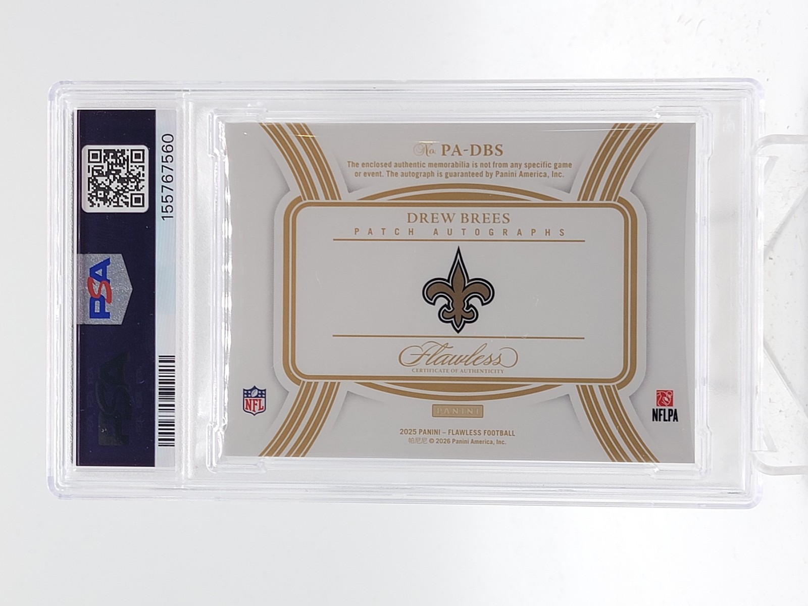 DREW BREES 2025 FLAWLESS PATCH AUTO GOLD /25 #PA-DBS SAINTS PSA AUTH Q6633 view 2