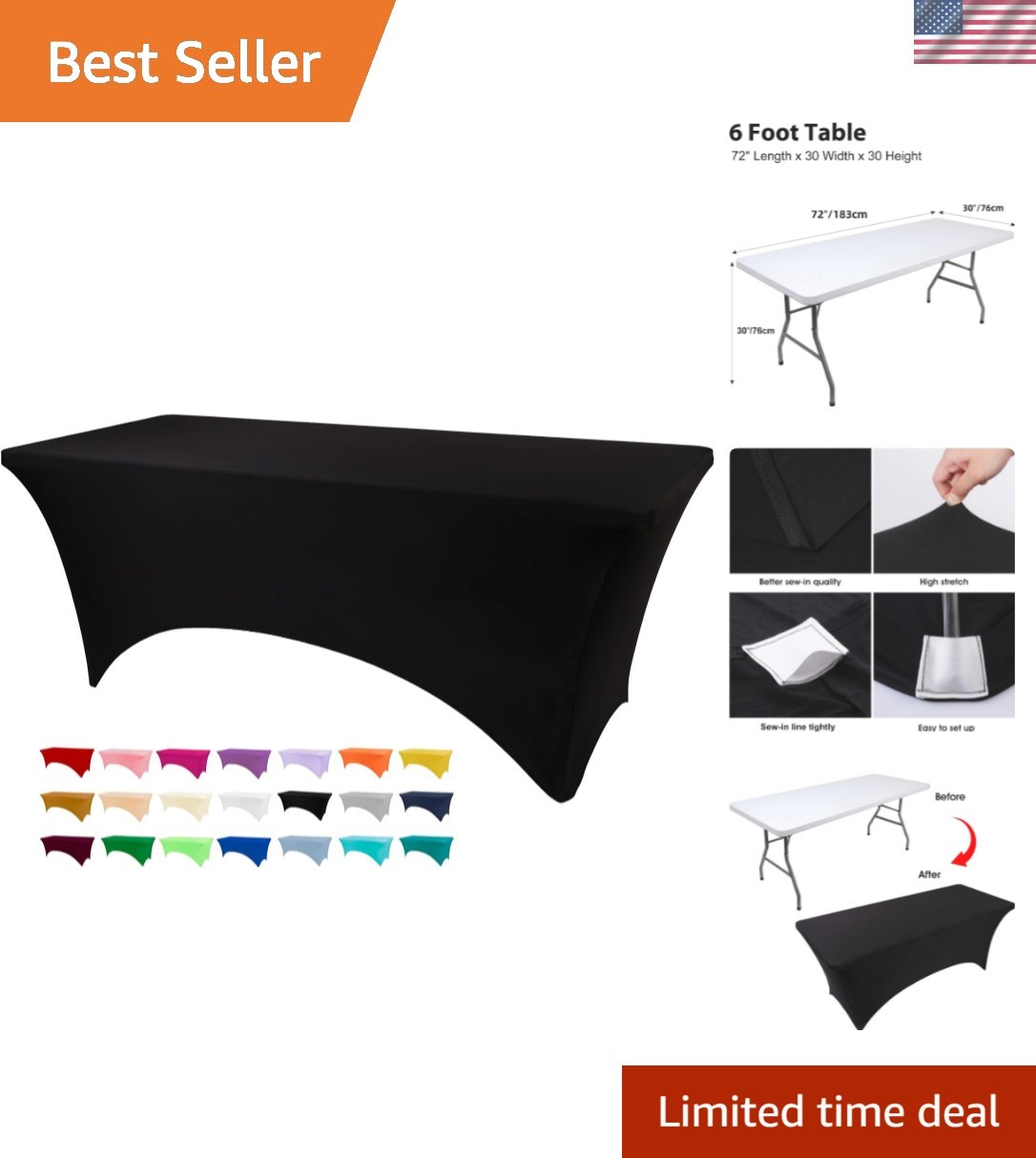 S For 6 Foot Tables, Black Washable And Wrinkle Resistant St