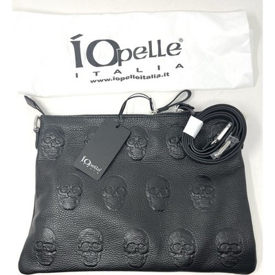IO PELLE Italia Skull Embossed Black Leather CROSSBODY Bag CLUTCH 14''x 10'' NWT