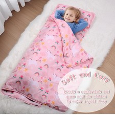 Toddler Portable Nap Mat with Soft Pillow Fleece Minky Blanket for Preschool