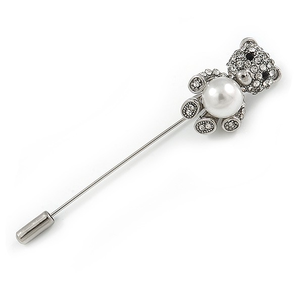 Silver Tone Clear Crystal, Faux Glass Pearl Bear Lapel, Hat, Suit, Tuxedo,