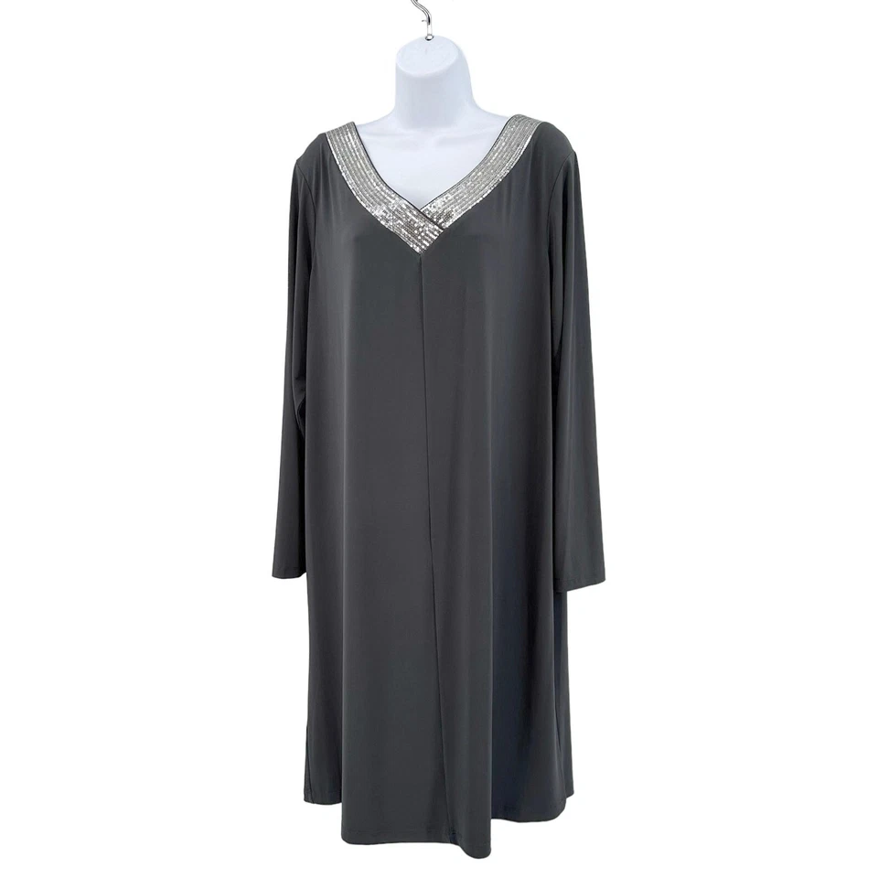 Calvin Klein Gray Sequins Long Sleeve Jersey Cocktail Dress WMNS Plus 16W V-Neck - Изображение 3 из 4