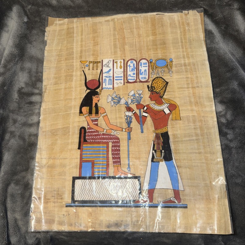 Authentic Hand Painted Ancient Egyptian Papyrus, King Tutankhamun & Wife Signed
