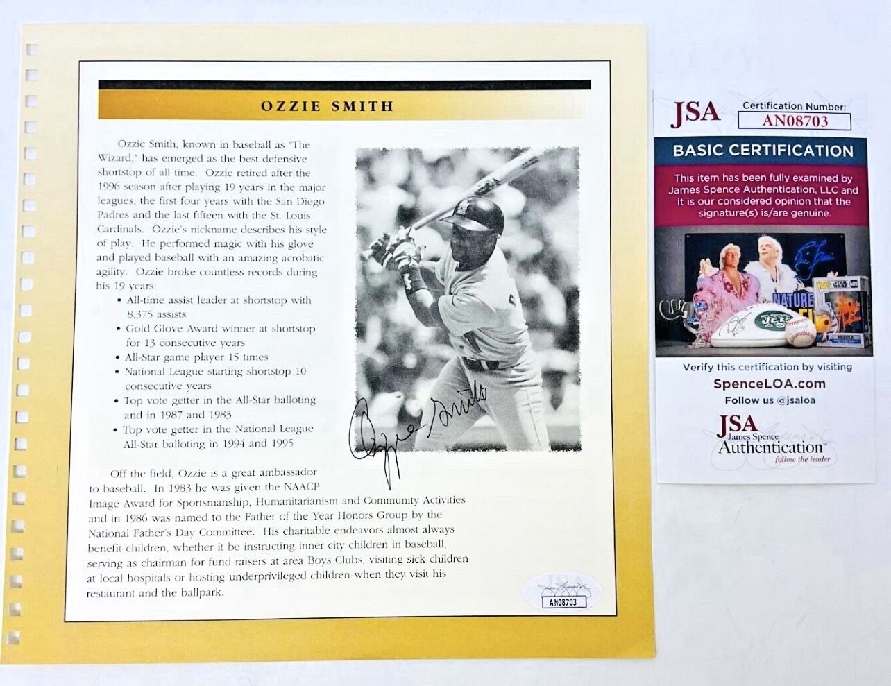 Ozzie Smith Autographed Signed JSA COA BASEBALL BOOK PAGE 