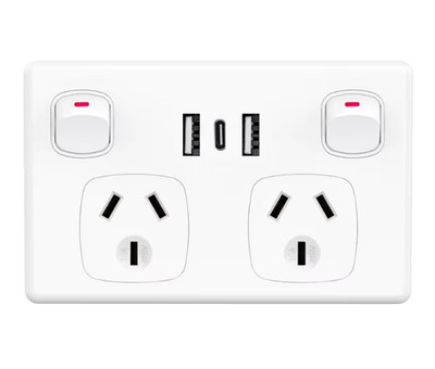 AU Double Power Point Wall Socket 10A Dual Outlet 2 USB-A 1 USB-C