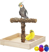 Portable Bird Perch Stand with Potty Tray, Natural Wood Tabletop Training Gym...