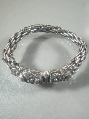 Vintage 900 Silver Detailed Chinese Export Twin Dragon Chain Bracelet Size 8 