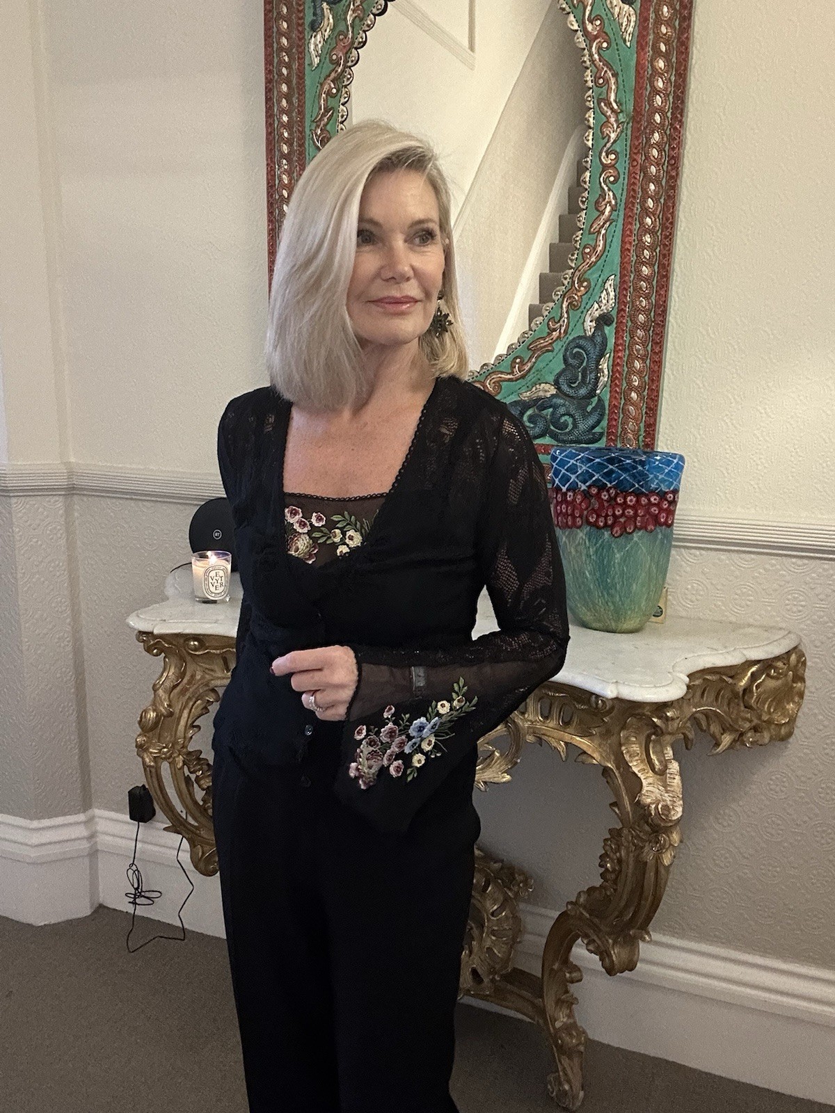 JOHN GALLIANO Vintage UK M Two Piece Black Lace Cardigan Cami Embroidered Detail