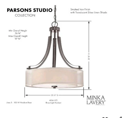 Minka Lavery 4104-172 Parsons Studio 3-Light Pendant in Smoked Iron - Picture 2 of 2