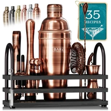 Bare Barrel Cocktail Shaker Set 14-Piece Bartender Bar Tool Kit Mixer 35 Recipes