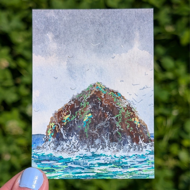 ACEO Original Painting, Ocean Sea Rocks Coast Seagull Waves Seascape (2 of 6)