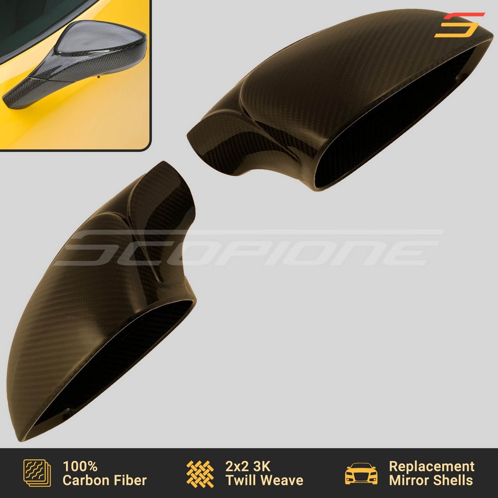 Scopione Carbon Side Mirrors Shells Covers & Bases for Ferrari 458 Italia Spider