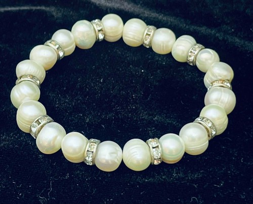 White Freshwater Baroque Pearl Stretch Bracelet 10x8mm Beads 7 Inch Rhinestones - Picture 3 of 9