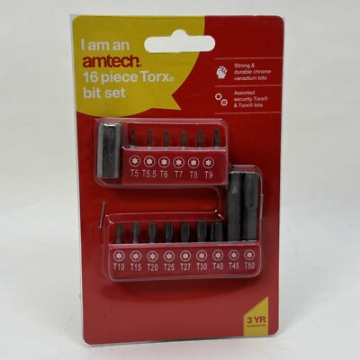 Amtech 16 Stck. Torx Bit Ser Laufwerk Adapter Sicherheit manipulationssicher T10-T50 Star T5-T9