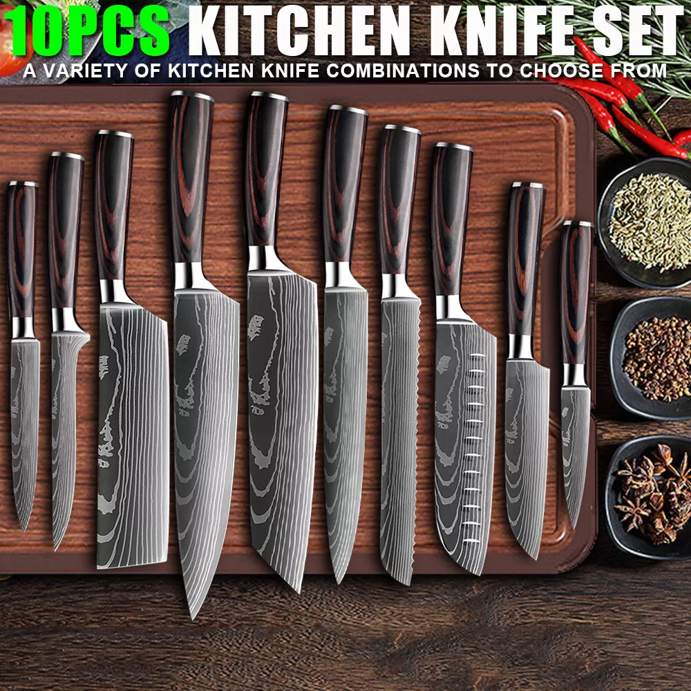 1 10 PCS Sharp Chef Knife Set Laser Damascus Pattern Kitchen Knife Kitchen Tools